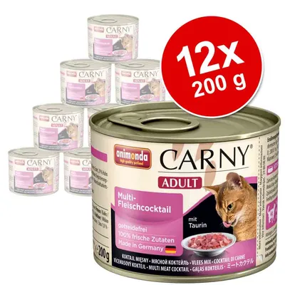 Set 12 conserve a câte 200 g Animonda Carny Adult Multi-Fleischcocktail, fără cereale, 100% ingrediente proaspete, cu taurină, pentru pisici adulte. Text vizibil: Made in Germany.