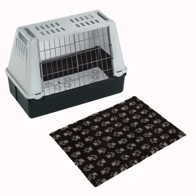 Lot : cage de transport Ferplast Atlas Car + tapis Vetbed® Isobed SL, noir pattes grises pour chien - cage taille Mini + tapis L 75 x l 50 cm