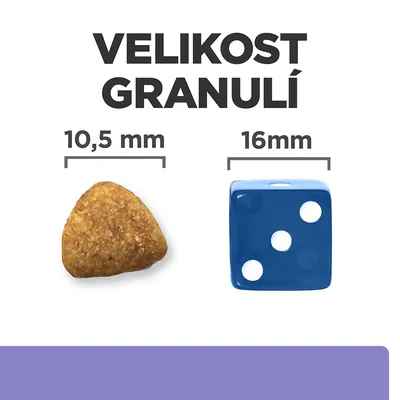 Porovnanie veľkosti granule 10,5 mm a modrej kocky 16 mm. Text v češtine: VELIKOST GRANULÍ.