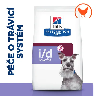 Hill's Prescription Diet i/d low fat krmivo pre psov, balenie s obrázkom psa a ikonou sliepky. Text: Péče o trávící systém (česky).