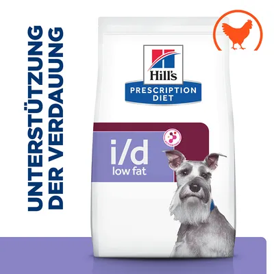 Hill's Prescription Diet i/d low fat. Unterstützung der Verdauung. Abbildung eines Hundes und Symbol für Huhn.