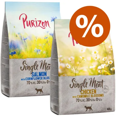 Purizon Single Meat Trockenfutter für Katzen, Sorten Lachs mit Kornblumen und Huhn mit Kamillenblüten. 70% Proteinquellen, 30% Gemüse, 0% Getreide. Packungsgrösse: 400g.