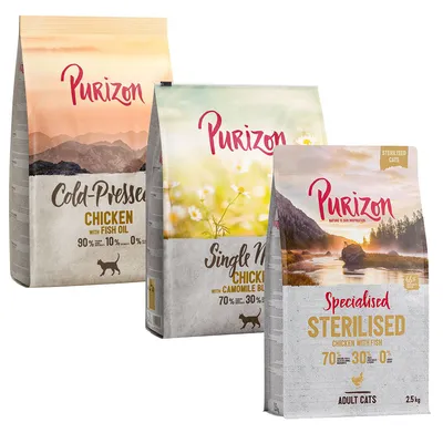 Purizon vegyes gazdaságos csomag 3 x 2,5 kg - Sterilised csirke & hal + Single Meast csirke + Cold Pressed csirke