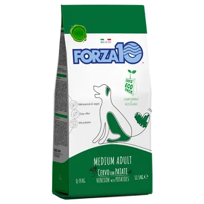 Forza10 Medium Adult Cervo con Patate Venison with Potatoes 12,5 kg, 100% eco pack, composteerbaar, recyclebaar. Geschikt voor honden van 11–35 kg. Made in Italy.