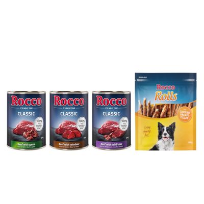 Kombi-Paket: Rocco Classic Probiermix Nassfutter + Rolls Snack 24 x 400 g Wild-Mix: Rind/Wild, Rind/Rentier, Rind/Wildschwein + 3 x 200 g Hühnerbrustfilet