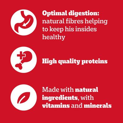 Optimal digestion with natural fibres, high quality proteins, made with natural ingredients plus vitamins and minerals. Key product benefits shown in text and icons.
