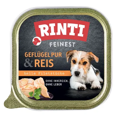 Rinti Feinest puur gevogelte & rijst, lichte filetstukjes, zonder orgaanvlees, zonder lever.