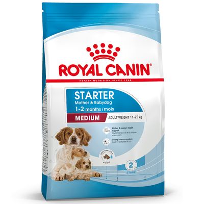 Royal Canin Starter Mother & Babydog Medium, 1–2 months, adult weight 11–25 kg, rehydratable kibble, information on health and immune system on the packaging.