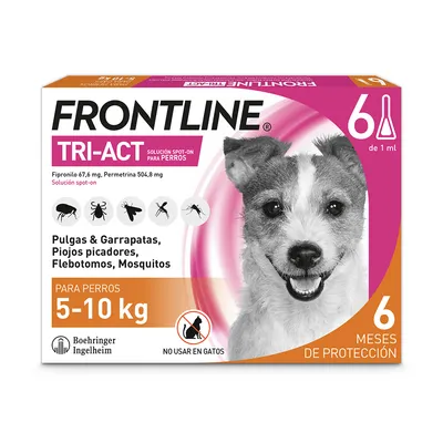 Frontline Tri-Act solución spot-on para perros de 5-10 kg. Protección contra pulgas, garrapatas, mosquitos y otros parásitos. No apto para gatos. Protección durante 6 meses.