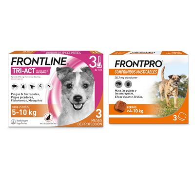 Pack de FRONTPRO comprimidos masticables para perros 4–10 kg y FRONTLINE TRI-ACT solución spot-on para perros 5–10 kg. Indicado contra pulgas, garrapatas, piojos, flebotomos y mosquitos.