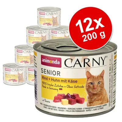animonda Carny Senior Rind + Huhn mit Käse, 12×200 g konzerv pre mačky. 100 % čerstvé ingrediencie, bez obilnín, vyrobené v Nemecku. Viditeľný obrázok mačky a kúskov mäsa so syrom.