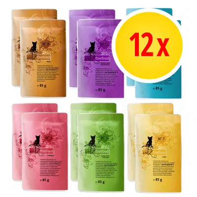 Confezione mista di 12 buste da 85 g ciascuna di cibo per gatti catz finefood, vari gusti visibili: N°3, N°5, N°7, N°9, N°11. Testo grande: 12x.