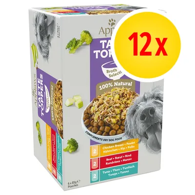 Confezione Applaws Taste Toppers Broth Selection per cani, 12x85g, 100% Natural. Gusti visibili: pollo, manzo, tonno. Immagine di crocchette con topping e cane. Scritta grande '12x' su sfondo giallo.
