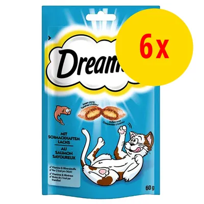 Dreamies-kissanherkut lohella, 60 g pussi, pakkauksessa teksti '6x' keltaisella ympyrällä. Näkyvissä myös saksankielinen tuoteseloste ja piirros kissasta.