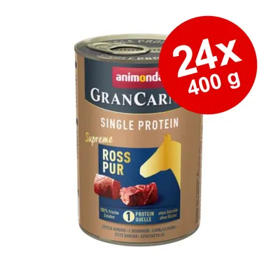 animonda GranCarno Single Protein Supreme ROSS PUR, 24x400 g. Tekst: 100 % friske råvarer, 1 Protein Quelle, ohne Getreide, ohne Gluten. Dåse med billede af hest og kød.