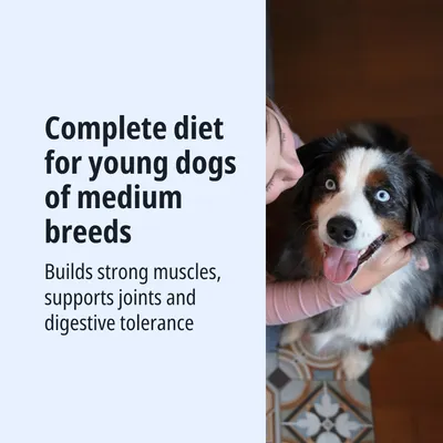 Alimentazione completa per cuccioli di razze medie. Favorisce muscoli forti, sostiene le articolazioni e la tolleranza digestiva.