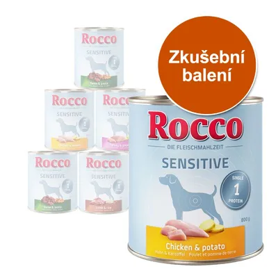 Rocco Sensitive zkušební balení, konzervy pro psy s příchutěmi Chicken & potato, Game & pasta, Turkey & potato, Lamb & rice. Velký nápis: Zkušební balení. Rocco Sensitive zkušební balení, konzervy pro psy s příchutěmi Chicken & potato, Game & pasta, Turkey & potato, Lamb & rice. Velký nápis: Zkušební balení.
