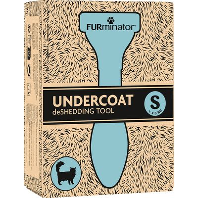 Opakowanie FURminator UNDERCOAT deSHEDDING TOOL S, dla zwierząt do 4,5 kg. Widoczny zarys narzędzia i sylwetka kota.