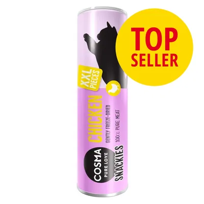 COSMA PURE LOVE SNACKIES CHICKEN XXL PIECES, gently freeze-dried, 100% pure meat. Keltainen ympyrä: TOP SELLER.