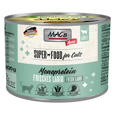 MAC's Mono Superfood for cats, monoprotein, fresh lamb, Made in Germany, adult, grain-free, allergy care, 94% lamb, 200g can.
