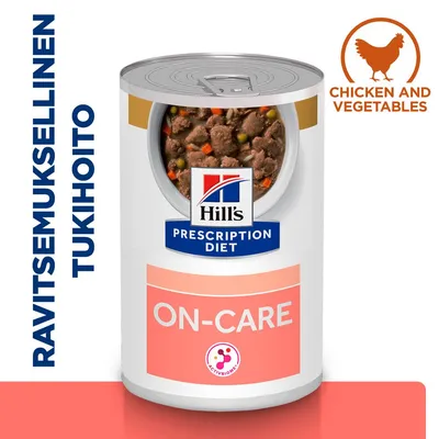Hill's Prescription Diet ON-CARE -ravintotuki, purkki. Tekstit: RAVITSEMUKSELLINEN TUKIHOITO, CHICKEN AND VEGETABLES, ACTIVBIOME+. Näkyvissä kanapaloja ja vihanneksia.