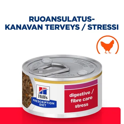 Hill's Prescription Diet -purkki, etiketti: digestive / fibre care stress. Teksti: ruoansulatuskanavan terveys / stressi. Oranssi kanan siluetti näkyvissä.