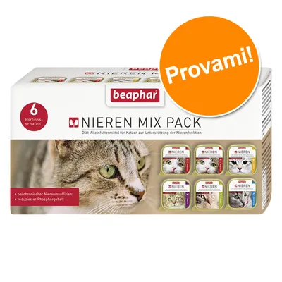 beaphar Nieren Mix Pack, 6 vaschette per gatti, supporto funzione renale, scritta 'Provami!', indicato per insufficienza renale cronica e ridotto contenuto di fosforo.