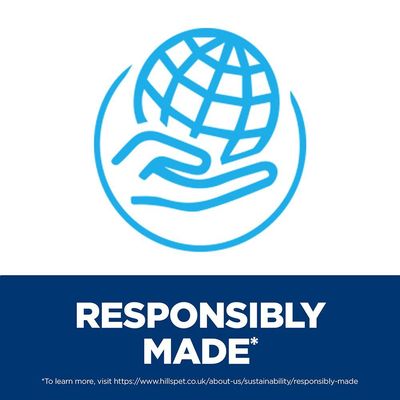 RESPONSIBLY MADE* (текст на английски). Линк за повече информация: https://www.hillspet.co.uk/about-us/sustainability/responsibly-made