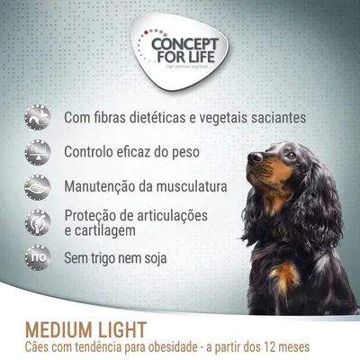 Concept for Life. Com fibras dietéticas e vegetais saciantes, controlo eficaz do peso, manutenção da musculatura, proteção de articulações e cartilagem, sem trigo nem soja. Medium Light: cães com tendência para obesidade a partir dos 12 meses.