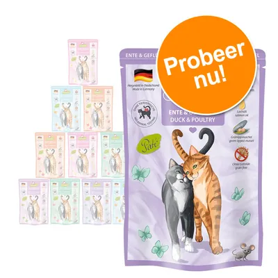 Kattenvoer Ente & Geflügel, zonder dierproeven, graanvrij, met zalmolie en groenlipmossel. Grote oranje cirkel met tekst: Probeer nu! Kattenvoer Ente & Geflügel, zonder dierproeven, graanvrij, met zalmolie en groenlipmossel. Grote oranje cirkel met tekst: Probeer nu!