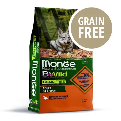 Monge Natural Superpremium BWild Grain Free, anatra con patate, adult all breeds, più del 65% ingredienti animali, senza cereali, carne fresca, sacco da 12 kg.