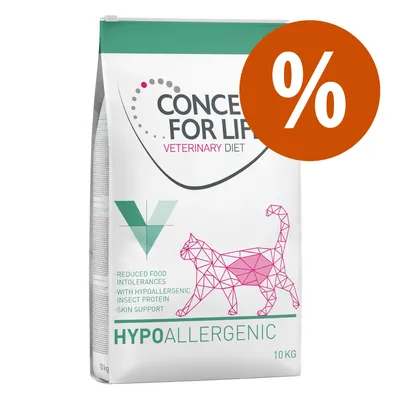 Concept for Life Veterinary Diet Hypoallergenic Katzenfutter, 10kg. Reduzierte Futterunverträglichkeiten, hypoallergenes Insektenprotein, Hautunterstützung. Prozent-Symbol für Rabatt.