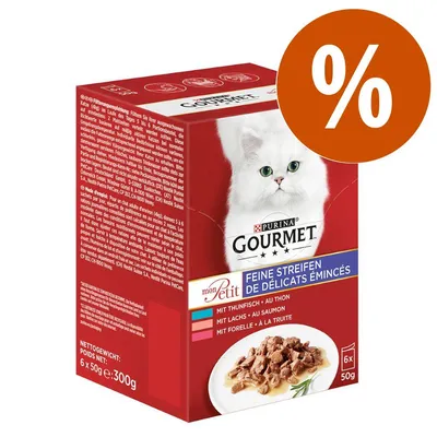 Purina Gourmet mon Petit, 6 x 50 g. Feine Streifen de Délicats Émincés. Mit Thunfisch, Lachs, Forelle. Imagen de un gato blanco y plato con comida húmeda. Símbolo de porcentaje.