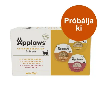 Applaws Chicken Selection in broth macskaeledel, 8×60g: 3× chicken breast, 3× chicken breast with tuna roe, 2× chicken breast with duck. Próbálja ki felirat látható.