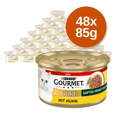 Purina Gourmet Gold macskaeledel, 48×85 g, mit Huhn felirattal, arany színű konzervdobozokban, fehér macskával a címkén. Purina Gourmet Gold macskaeledel, 48×85 g, mit Huhn felirattal, arany színű konzervdobozokban, fehér macskával a címkén.