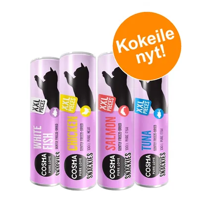 Cosma Pure Love Snacks XXL Pieces: White Fish, Chicken, Salmon, Tuna. Kokeile nyt! Tekstit englanniksi pakkauksissa.
