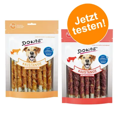 Dokas Kaustange mit Hühnerbrust und Dokas Kaustange mit Entenbrust. Jetzt testen! Verpackungen zeigen Kausnacks für Haustiere.