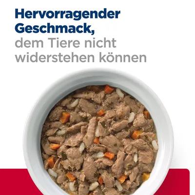Texte en allemand : Hervorragender Geschmack, dem Tiere nicht widerstehen können. Bol de nourriture humide avec morceaux de viande, carottes et riz visibles.