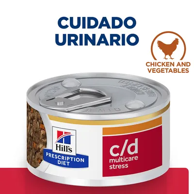 Hill's Prescription Diet c/d multicare stress, cuidado urinario, sabor chicken and vegetables. Lata de comida húmeda para mascotas visible en la imagen.