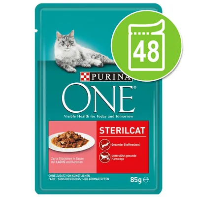 Purina ONE Sterilcat, 85 g, embalagem com imagem de gato e prato de comida húmida. Selo verde com símbolo de saqueta e número 48.