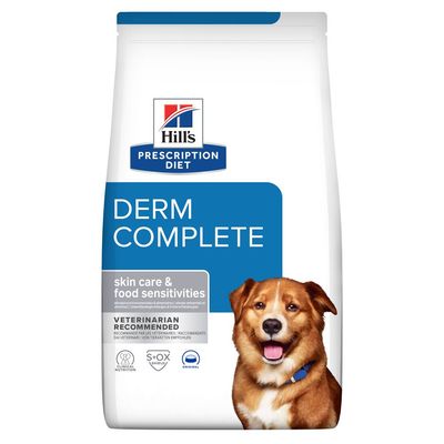 Hill's Prescription Diet Derm Complete kutyatáp csomagolás, látható feliratok: skin care & food sensitivities, veterinarian recommended, S+OX SHIELD, CLINICAL NUTRITION, ORIGINAL.