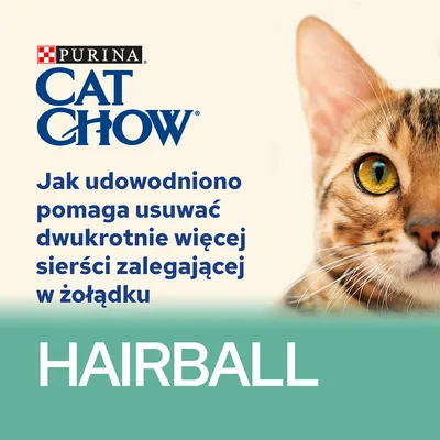 Purina Cat Chow. Jak udowodniono pomaga usuwać dwukrotnie więcej sierści zalegającej w żołądku. HAIRBALL.