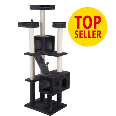 Rascador para gatos de varios niveles con postes de sisal, plataformas y casas. Texto visible: TOP SELLER en círculo amarillo. Rascador para gatos de varios niveles con postes de sisal, plataformas y casas. Texto visible: TOP SELLER en círculo amarillo.