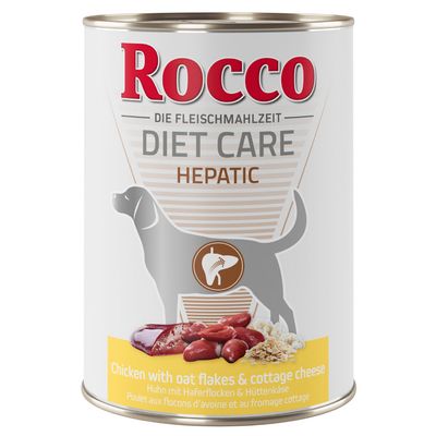 Rocco Diet Care Hepatic -koiranruokapurkki. Etiketissä kuva koirasta ja ainesosista: kana, kaurahiutaleet, raejuusto. Teksti: Chicken with oat flakes & cottage cheese.
