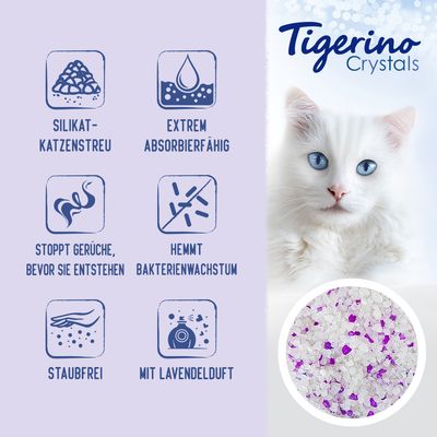 Tigerino Crystals Silikat-Katzenstreu: extrem absorbierfähig, stoppt Gerüche, hemmt Bakterienwachstum, staubfrei, mit Lavendelduft.