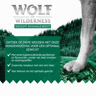 Wolf of Wilderness Weight Management hondenvoeding. Ontdek de diepe wouden met onze hondenvoeding voor een optimaal gewicht. Graanvrij, veel vers vlees, behoud van optimaal gewicht.