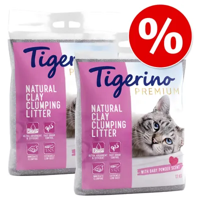 Tigerino Premium Natural Clay klumpende kattegrus med babypudderduft, ultraabsorberende og effektiv, hurtig lugtkontrol, øjeblikkelig klumpning, meget lav støv, 12 kg. Rabatmærke synligt.