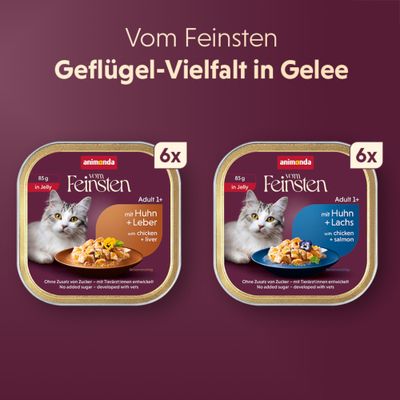 Animonda Vom Feinsten variété de volaille en gelée, 6x avec poulet et foie, 6x avec poulet et saumon, sans ajout de sucre, pour adultes, 85 g en gelée.