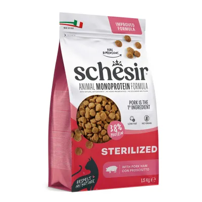 Schesir Animal Monoprotein Formula Sterilizado, 1,5 kg, com presunto de porco, 38% de proteína, baixo teor de gordura, sem cereais, produzido em Itália. Schesir Animal Monoprotein Formula Sterilizado, 1,5 kg, com presunto de porco, 38% de proteína, baixo teor de gordura, sem cereais, produzido em Itália.