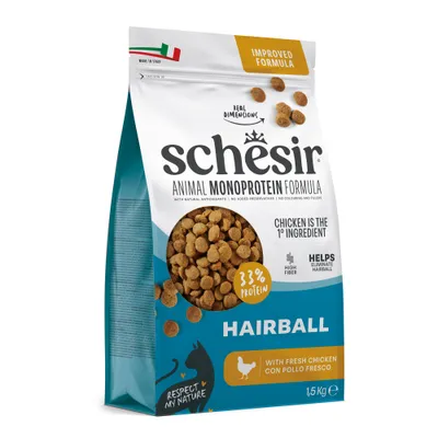 Schesir Animal Monoprotein Formula Hairball, 1,5 kg, ze świeżym kurczakiem, 33% białka, wysoka zawartość błonnika, pomaga usuwać kulki włosowe, wyprodukowane we Włoszech. Schesir Animal Monoprotein Formula Hairball, 1,5 kg, ze świeżym kurczakiem, 33% białka, wysoka zawartość błonnika, pomaga usuwać kulki włosowe, wyprodukowane we Włoszech.